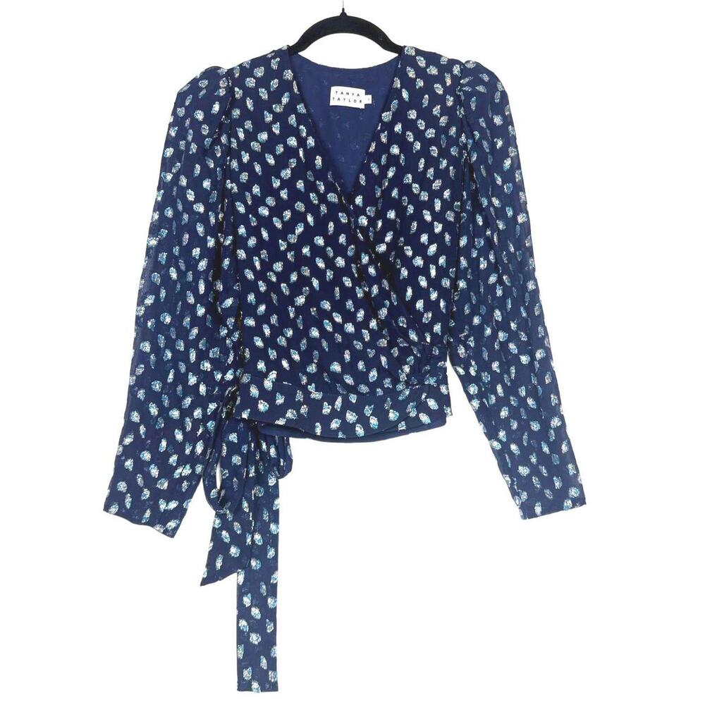 Tanya Taylor Erica Navy Metallic Silk Wrap Blouse Top Long Sleeve Size 0 - Picture 2 of 7